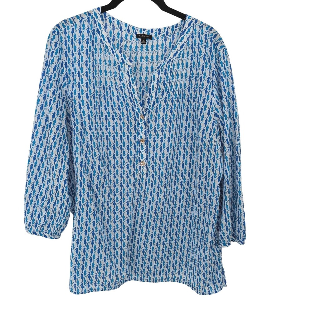 Talbots Tunic Top Womens Large Blue Seahorse Cotton 3/4 Sleeve Henley Coastal